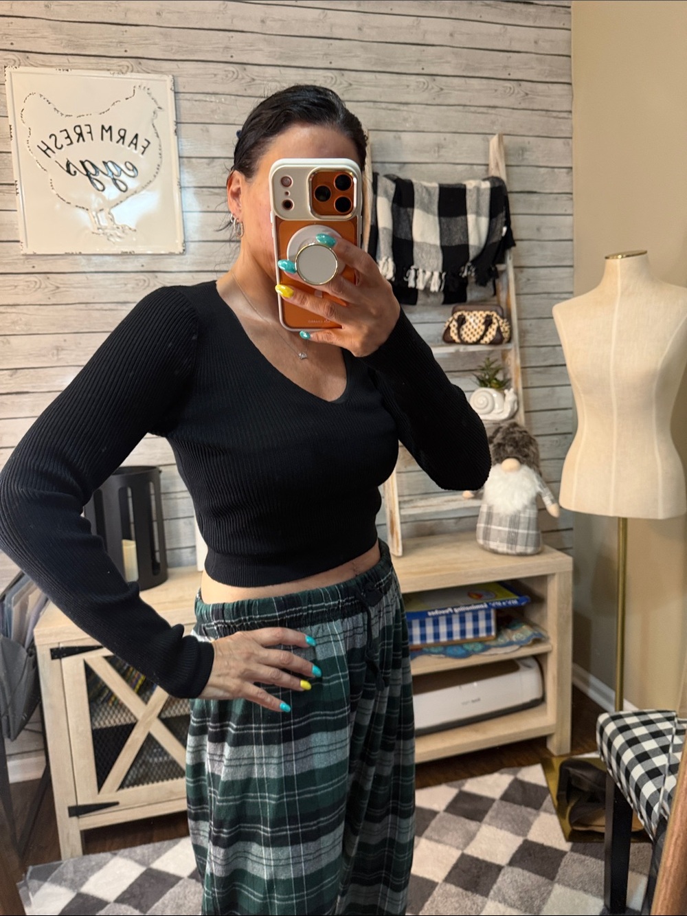 Pink Rose Fitted Black Ribbed V-Neck Crop Top